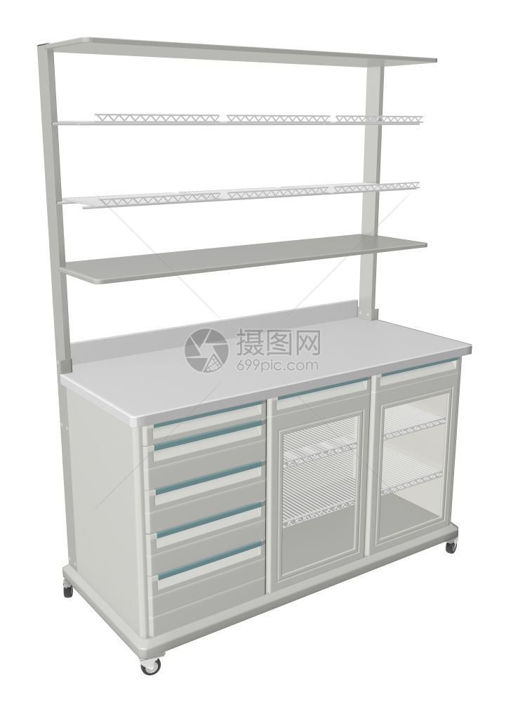 移动金属医疗供应柜有固体和铁丝网架3个插图在白色背景下隔离图片