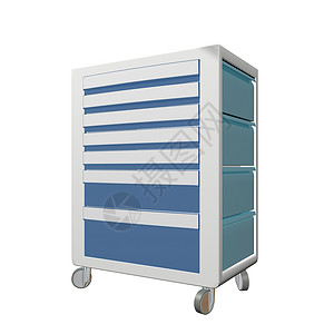 蓝色和灰金属医疗用品柜车轮3D插图在白色背景下隔离图片