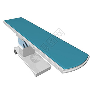 可调整高度体格检查表或带蓝垫的床3D插图在白色背景下隔离图片