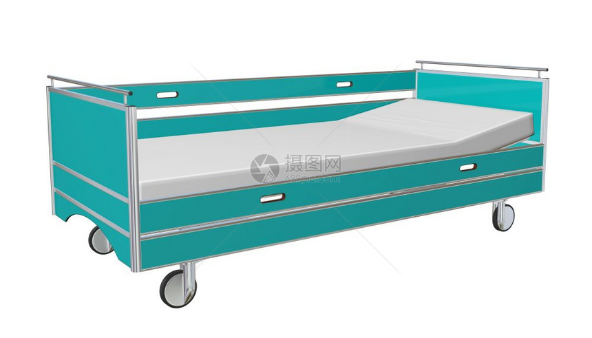 绿色和灰流动儿童rrsquuo带后座和侧卫的医院病床3D插图在白色背景下隔离图片