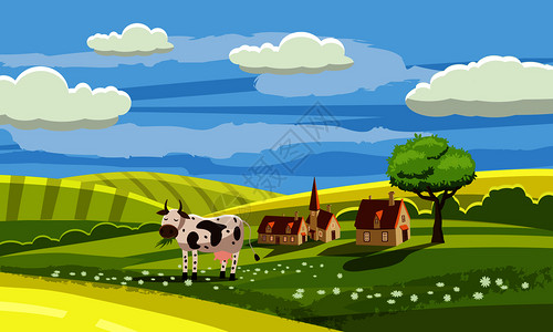 卡通风格可爱农村景观农场里的奶牛矢量插画图片