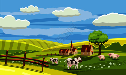 国家二级保护动物草鸮卡通风格可爱农村景观农场里的奶牛矢量插画插画