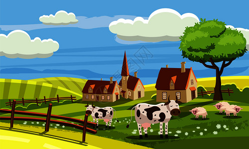 卡通风格可爱农村景观农场里的奶牛矢量插画图片