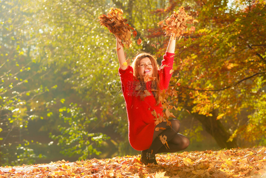 秋天森林里的女孩玩叶子年轻姑娘大自然放松户外休闲的概念图片