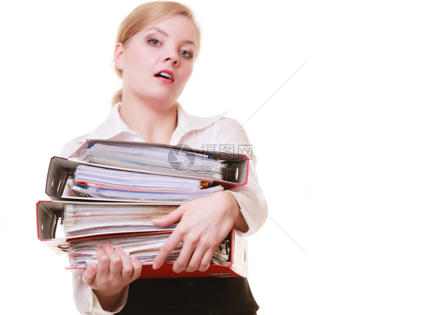 忙着碌的女商人带着一堆文件夹图片