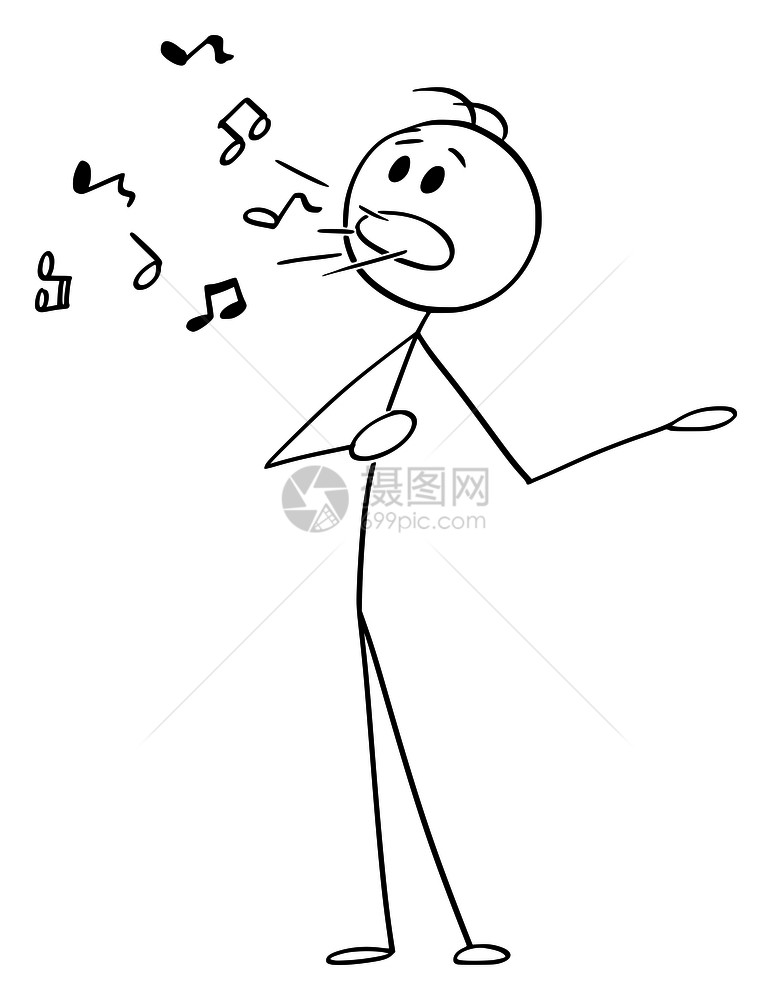 矢量卡通棒图绘制人或歌手用音乐符唱歌的概念插图来自他的口图片
