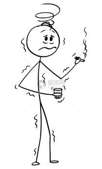 矢量卡棒图绘制一个概念图解说明酒醉男子握着烟或雪茄和烈酒摇晃醉男子手握烟或雪茄和酒杯概念或酗酒图片