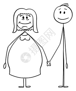 矢量卡通棒图绘制异恋夫妇超重或肥胖女和手牵的瘦男子概念图图片
