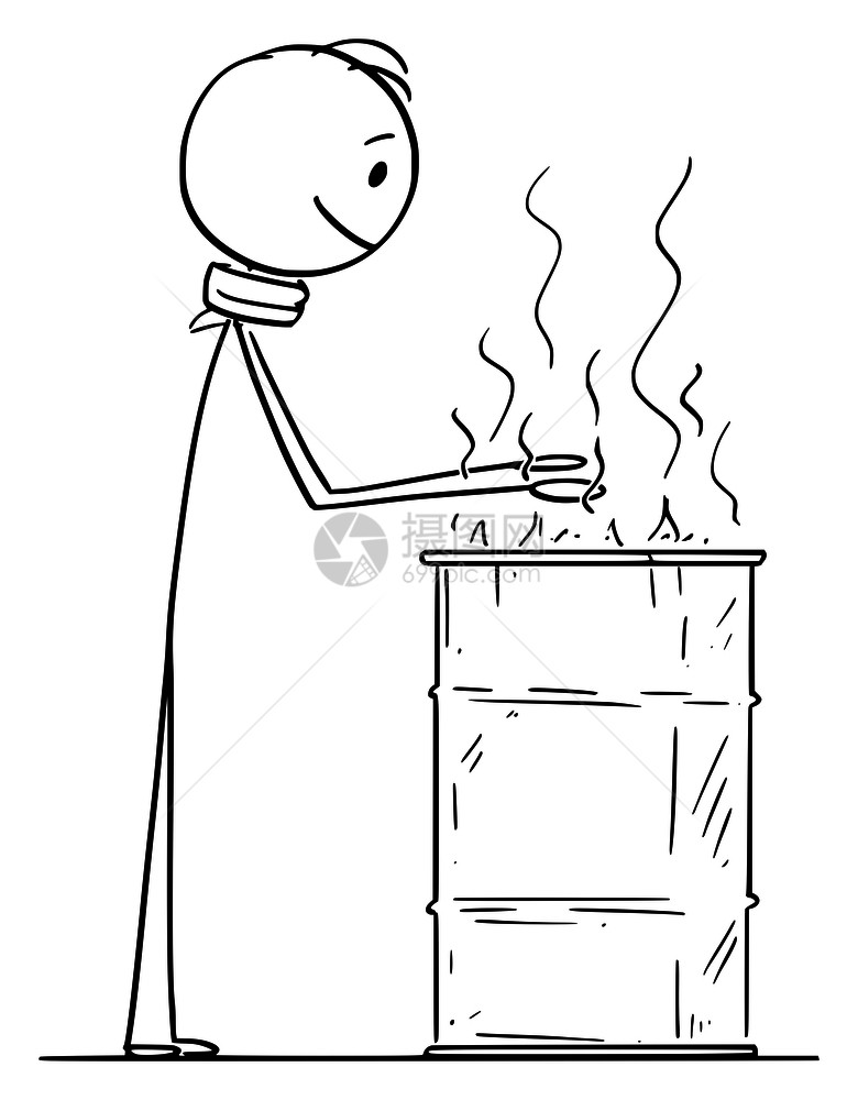 矢量卡通棍图绘制无家可归的人在桶里被燃烧的火着而暖化概念图图片