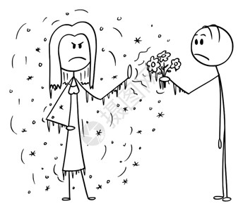 向冷酷低欲或拒绝的妇女提供花朵给冷酷的男子图片