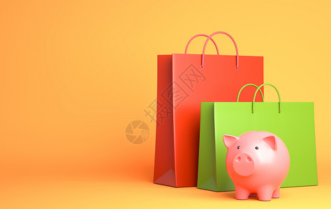 两家购物袋和小猪银行3D插图图片