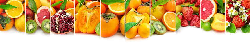 新鲜和健康的水果将垂直线分隔开来在白色上隔离图片
