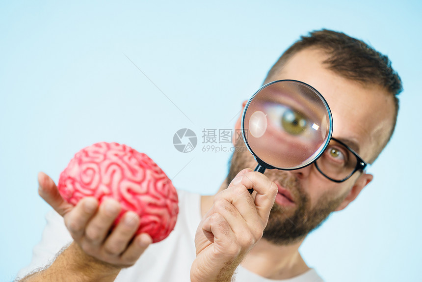 戴眼镜的成人书呆子看着类大脑模型图片