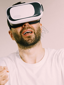 成人短胡子长男在探索虚拟现实时佩戴VR护镜技术背景图片