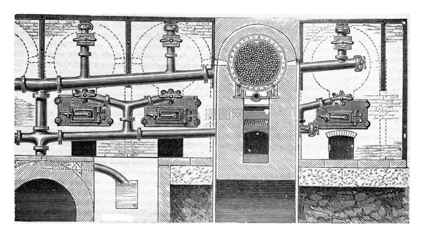 用于煤制备截面外观的气瓶蒸馏机动器刻有古典的插图工业百科全书EOLami1875图片