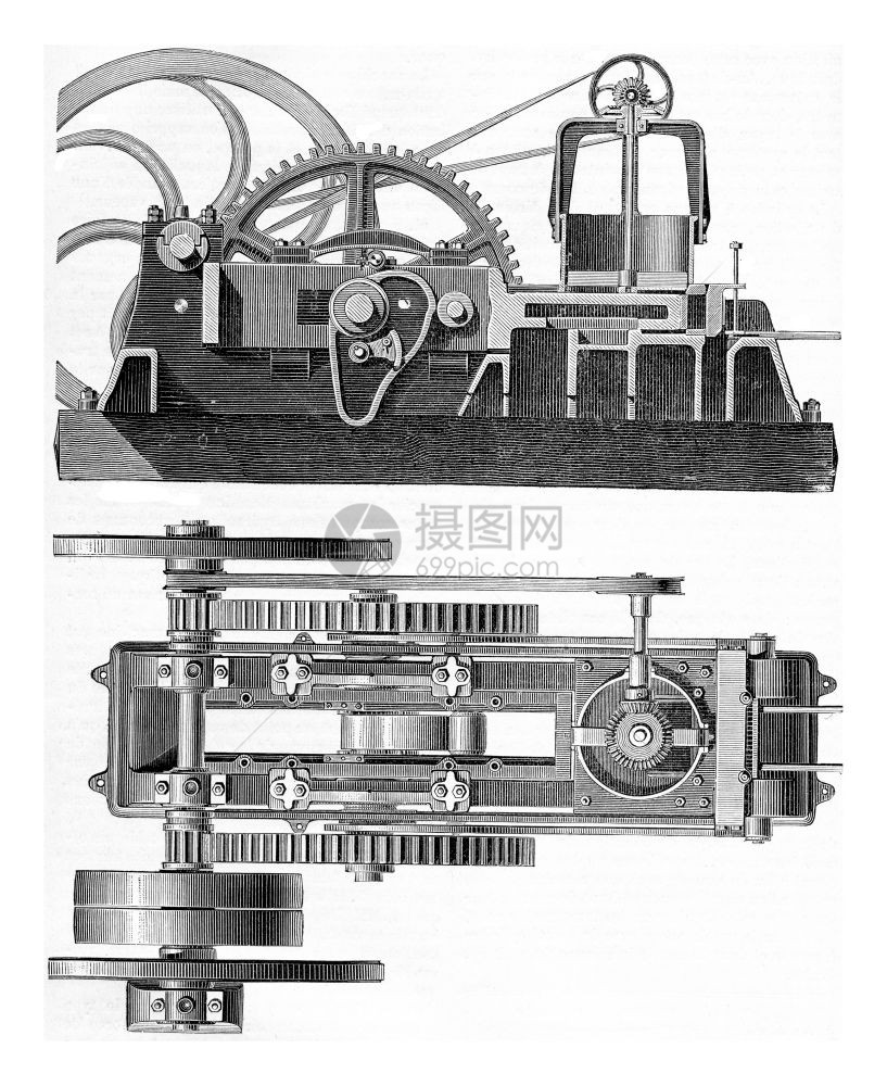 Durand和Marais机器高空和规划刻有古老的插图工业百科全书EOLami1875年图片