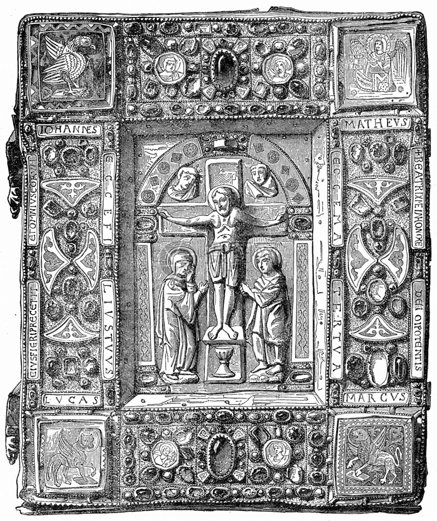 装饰着宝石十一世纪福音书卢浮古典雕刻插图的装订金工业百科全书EOLami1875图片