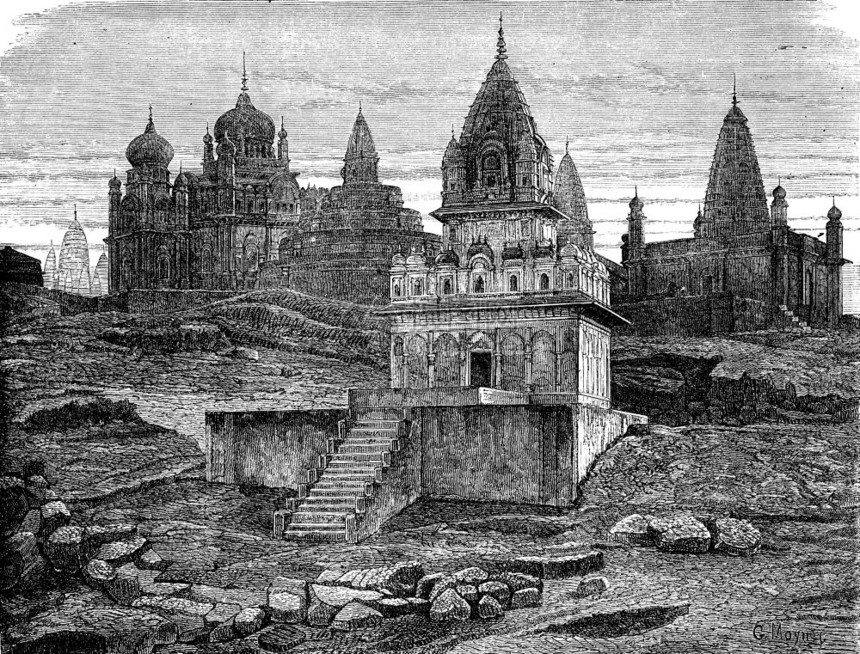 Jain寺庙有Songhur古代雕刻的插图世界之旅行日报1872年图片
