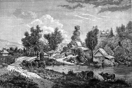 农村矢量MuangLong的大桥古代雕刻的插图世界之旅行日报1872年背景
