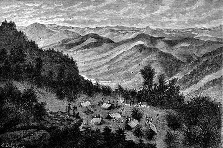 孟屯河谷晚上在通往BanMuangYangConHam的路上观看和露营世界之旅行日报1872年背景