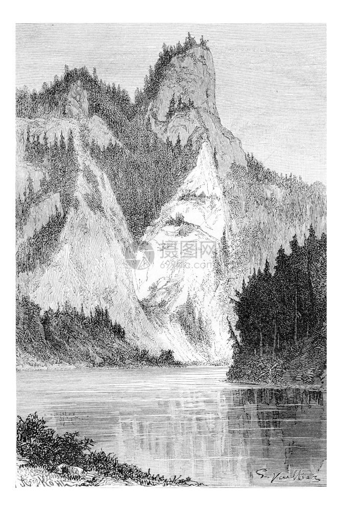 波兰塔特拉山区Falkenfels和Pionines山的景象由GVuilier从照片中绘制用古老的插图刻画图片