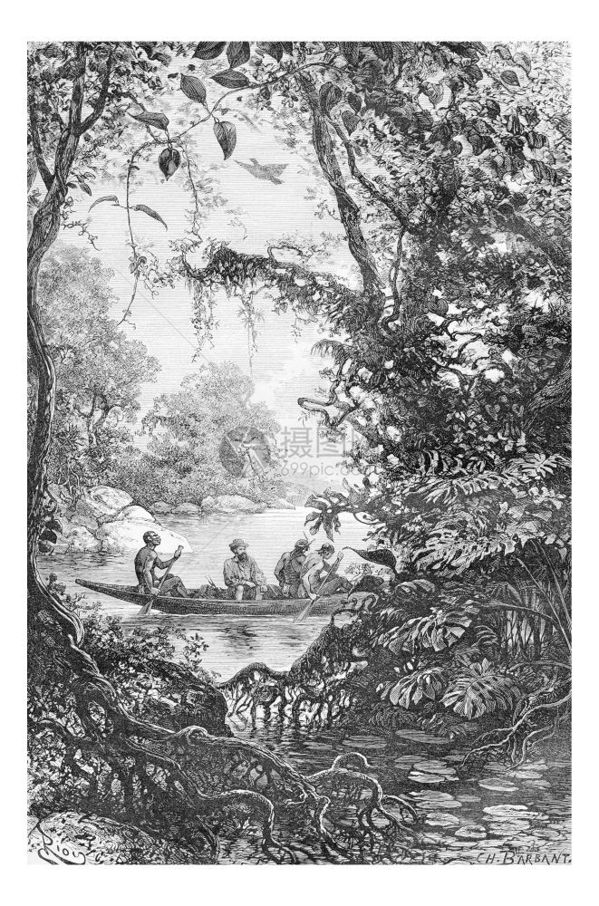 巴西Oiapoque的一个溪口入处的侦察Riou从Craevaux博士的草图中提取刻有文字的古典插图180年旅行日报世界旅游报1图片