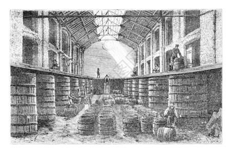 签文桶a在比利时鲁文的迪埃斯特酿酒厂内Clerget根据照片和古老插图绘画世界旅游行日报18年背景
