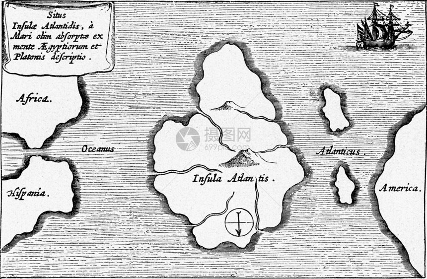 传说中的亚特兰蒂斯岛古代雕刻的插图190年从宇宙和人类图片