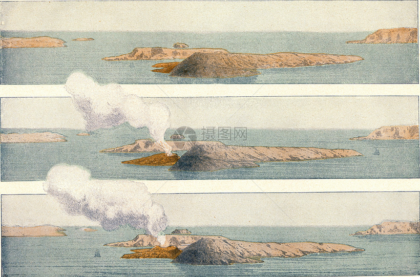 NeaKameni岛桑托里尼集团在186年至70期间因火山爆发而增加刻有古老的插图190年来自宇宙和人类图片