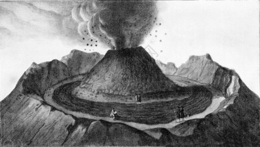 176年大爆发时的维苏威火山口刻着古老的插图190年的宇宙和人类背景