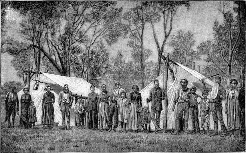 澳大利亚印第安人在帐篷前写着古老的插图190年宇宙与人类图片