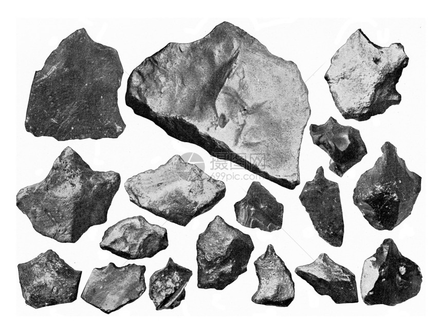 弹片和刮伤火石的原始仪器古老的雕刻图解190年宇宙与人类190年图片