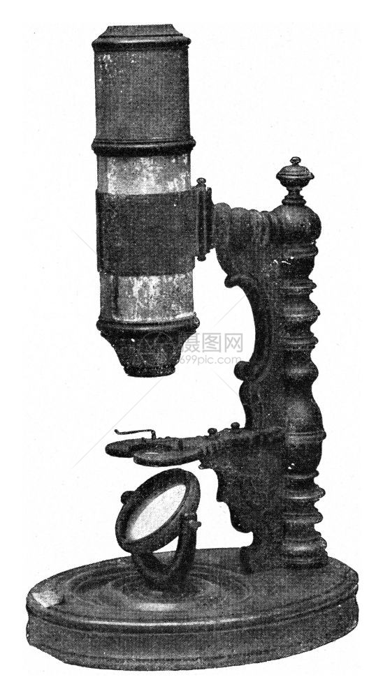 纽伦堡日耳曼博物馆的旧显微镜由190年宇宙与人类撰写的古代插图图片