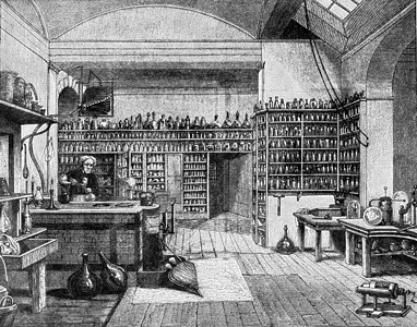 法拉第在伦敦皇家学院实验室的里刻有古老的插图190年从宇宙和人类那里背景