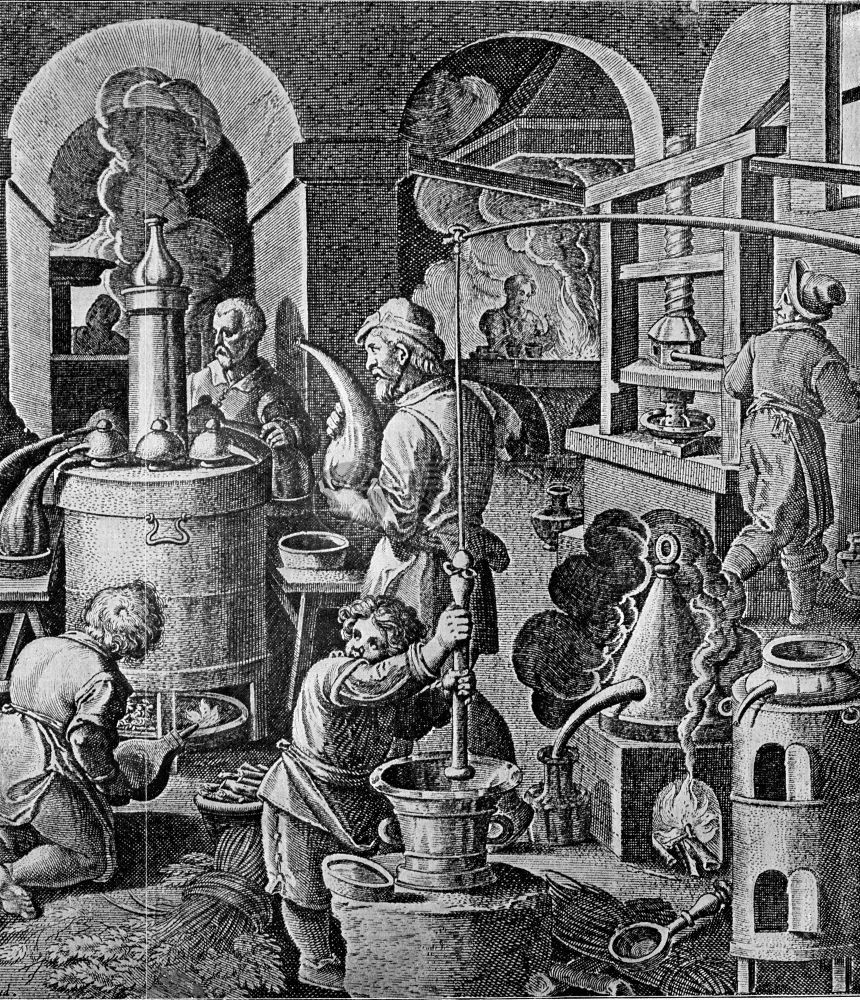 十六世纪的一家蒸馏厂古代刻画的插图190年从宇宙和人类那里得到的图片