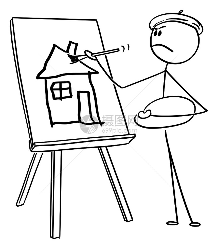 矢量卡通棒图绘制自我重要的人或艺术家概念图用贝雷帽和调色板绘画在布上用刷子着业余房图片