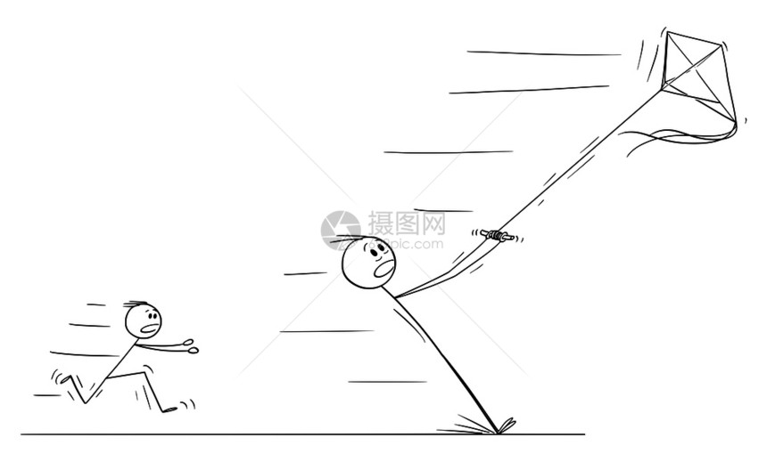 传教士Kite的矢量卡通棒图绘制父亲放风筝在强中被拉走的概念插图图片