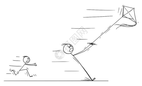 画风筝传教士Kite的矢量卡通棒图绘制父亲放风筝在强中被拉走的概念插图插画