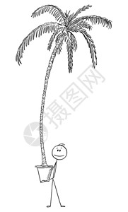 矢量卡通棒图解男子持有大锅种植高棕榈树的概念说明图片