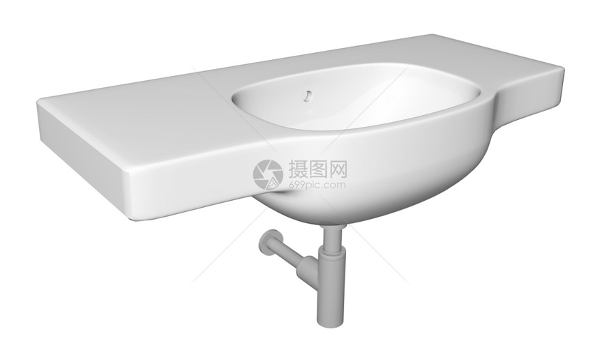 现代洗手盆或带水龙头和管道装置的水槽以白色背景隔离图片