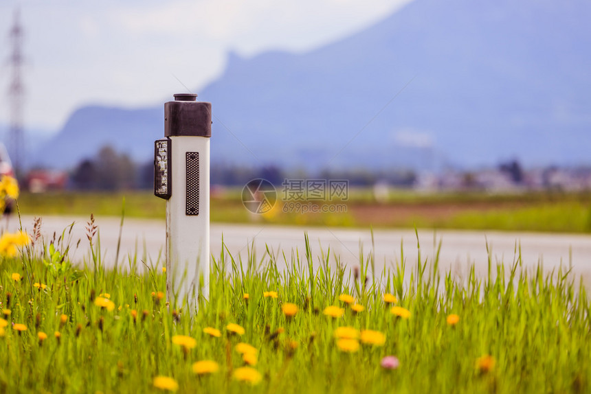 夏季在一条有田地沥青路鲜花和绿草的反射站图片