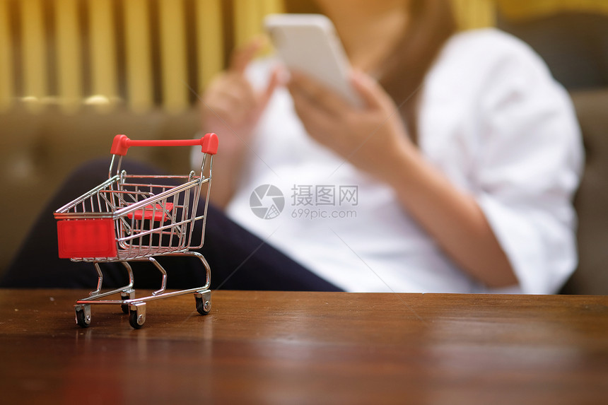 带有膝上型电脑的小妇女购物车用于互联网在线购物概念图片