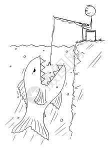 海里努斯手绘钓大鱼的火柴人插画