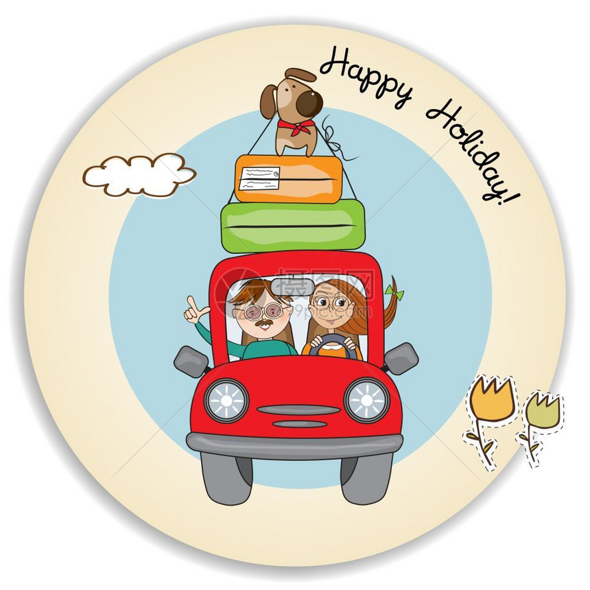 快乐情侣带着狗开着红色汽车旅行海报图片