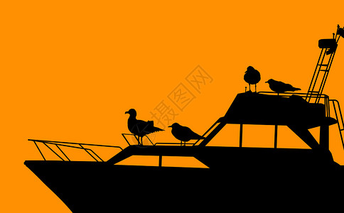橙色背景上的游艇剪影矢量插画图片