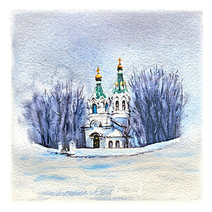冬季水彩素材冬季典型东正教堂背景