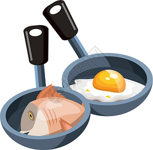 两个烹饪锅一配和鸡蛋另一个锅配鱼矢量彩色画或插图图片