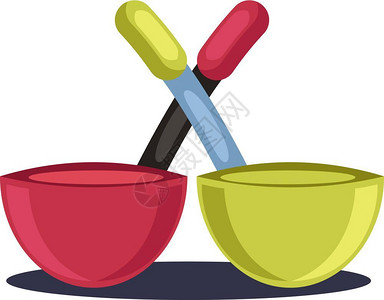 两个碗型烹饪锅一个绿色另红矢量彩绘画或插图背景图片