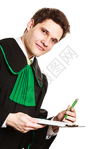 年轻男律师持有剪贴板文件用笔写字提供建议和帮助年轻男律师持有剪贴板图片
