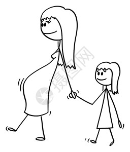 黑白线稿矢量卡通孕妇母亲牵着女儿一起走图片